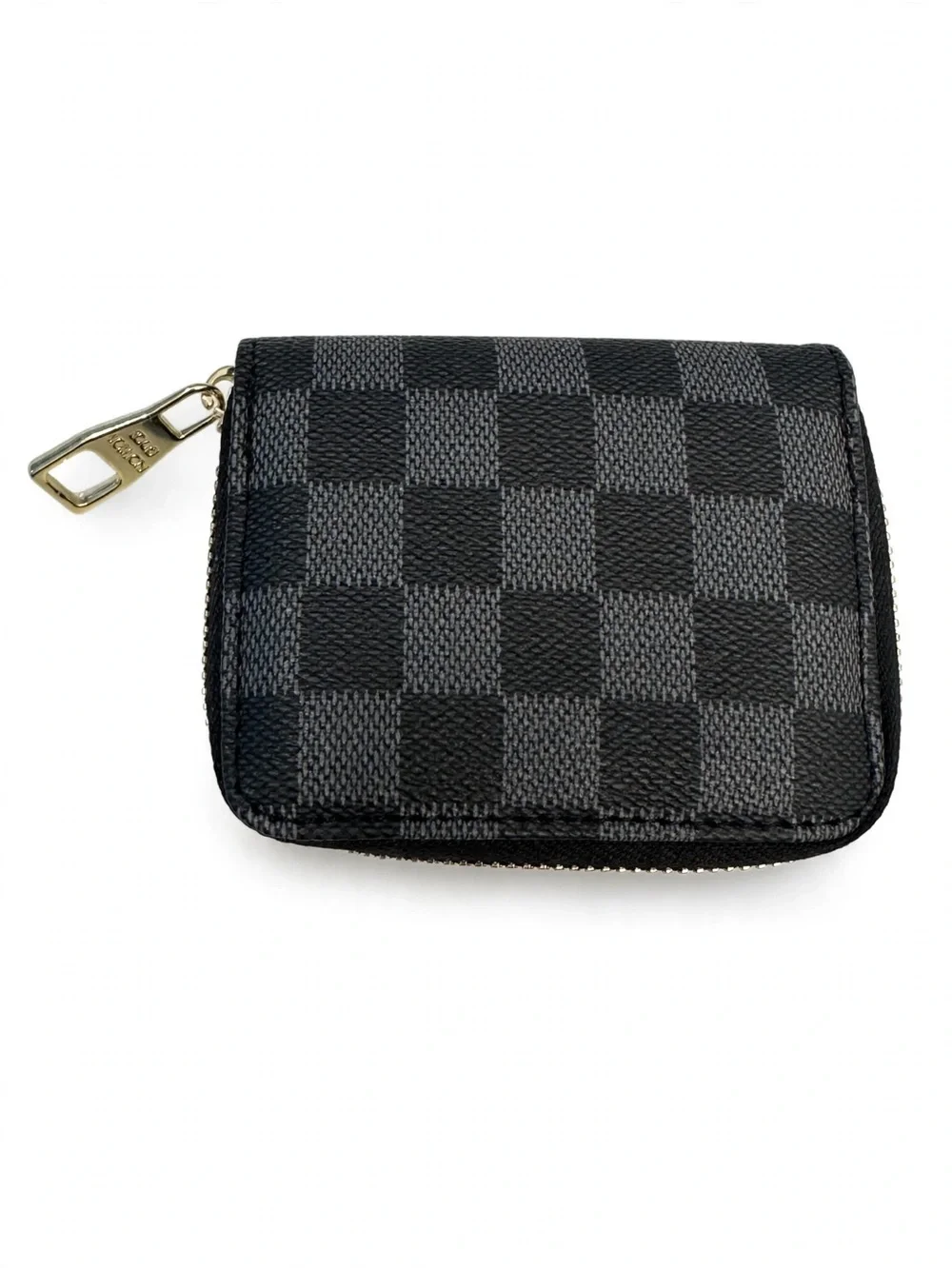 Graphite Check Zip Card Holder with Gold-Tone Pull